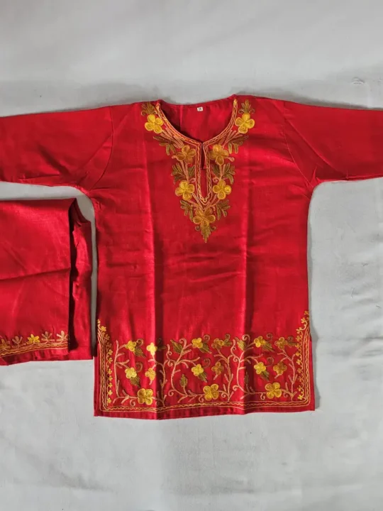 kids aari work Red kurta set in ruby cotton
