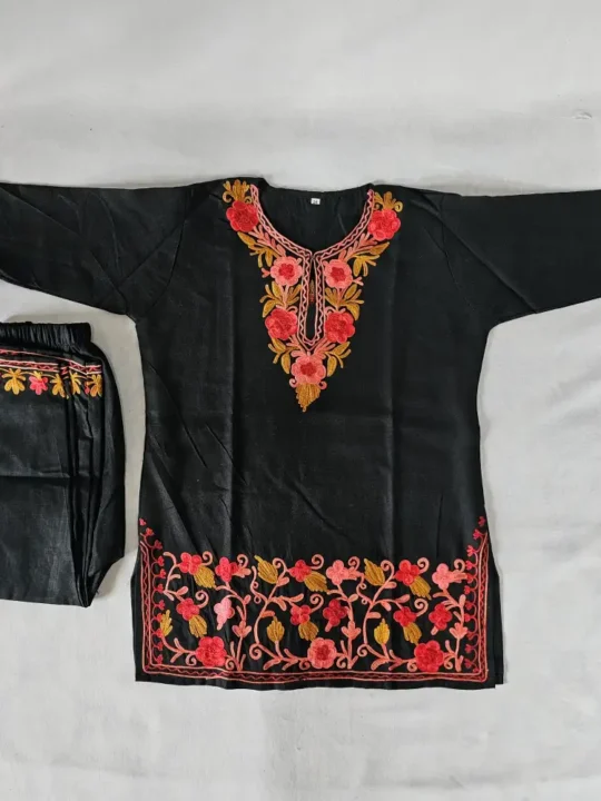 kids border aari work Black kurta set in ruby cotton