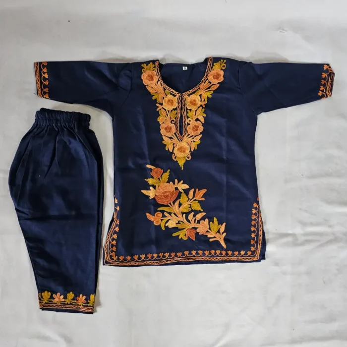 Blue Kashmiri Aari Embroidery Kids Kurta Set in Ruby Cotton