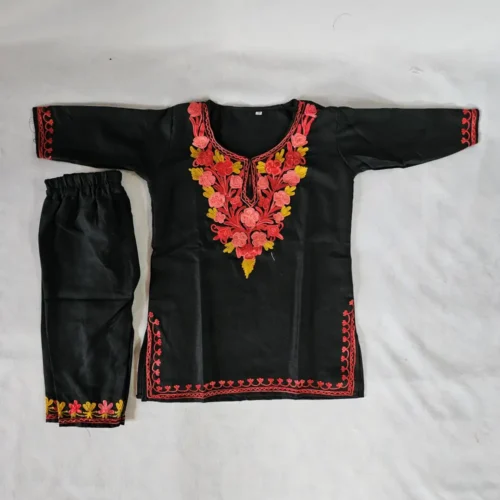 Black Kashmiri Aari Embroidery Kids Kurta Set in Cotton