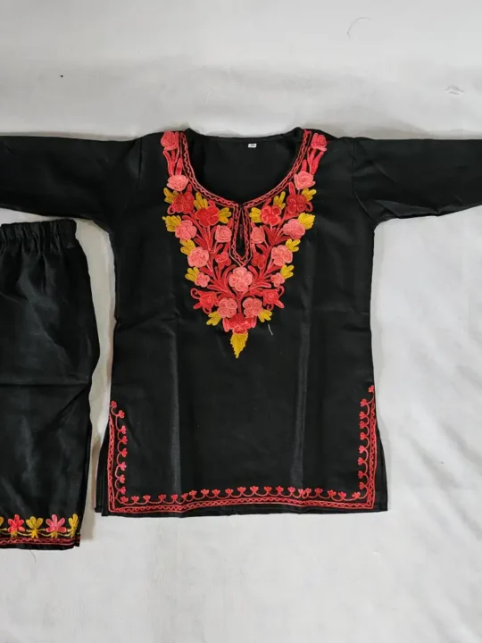 Black Kashmiri Aari Embroidery Kids Kurta Set in Cotton
