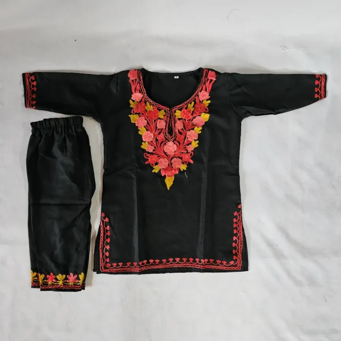 Black Kashmiri Aari Embroidery Kids Kurta Set in Cotton