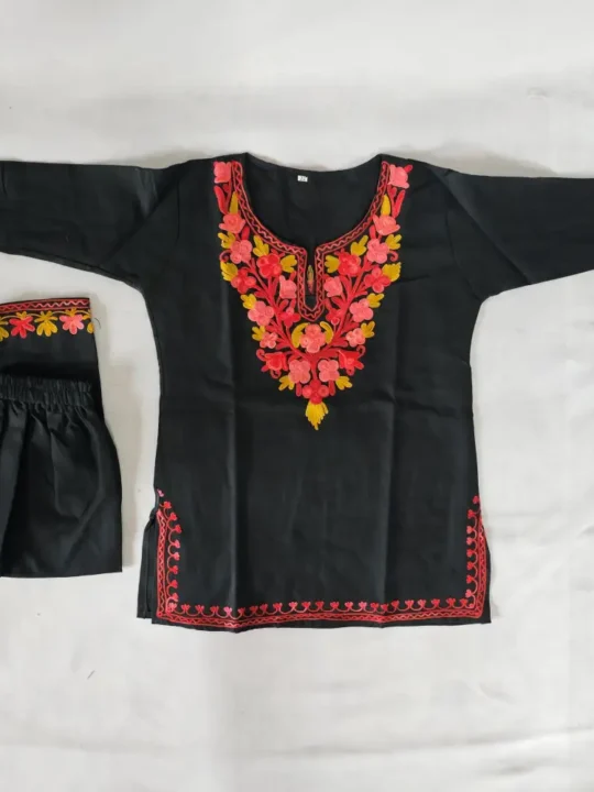 Small Girl Kashmiri Black Cotton Kurta Set with Aari Work