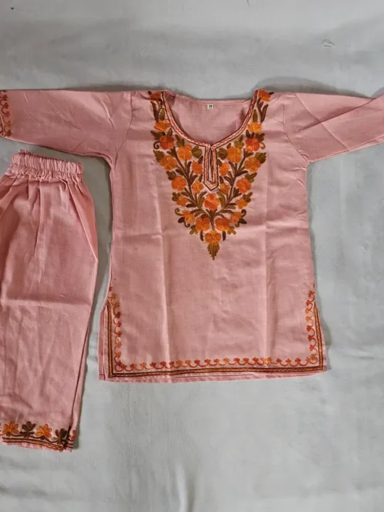 Pink Kashmiri Cotton Kurta Set for Girl with Aari Embroidery