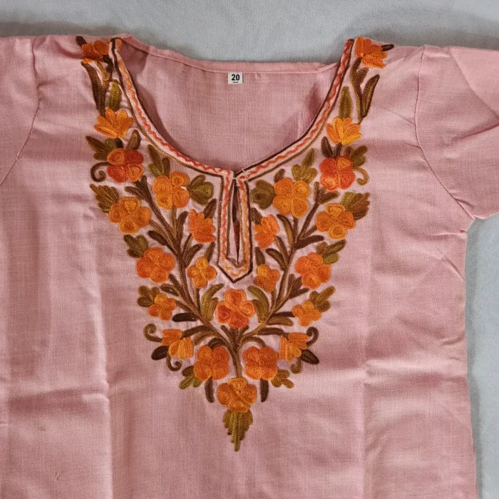 Noor Pink Kashmiri Cotton Kurta Set for Girl with Aari Embroidery (2-3 years) - Image 2