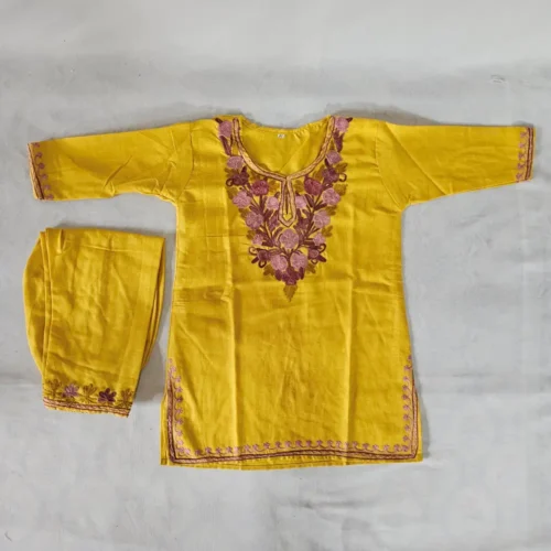 Mustard Kashmiri Aari Embroidered Cotton Kurta Set for Teen