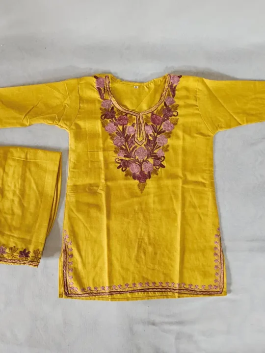 Mustard Kashmiri Aari Embroidered Cotton Kurta Set for Teen