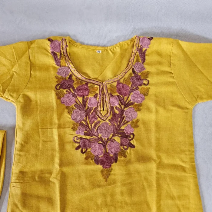 Mustard Kashmiri Aari Embroidered Parizaad Cotton Kurta Set for Teen (3-4 years) - Image 2