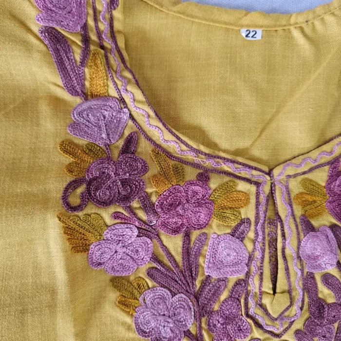 Mustard Kashmiri Aari Embroidered Parizaad Cotton Kurta Set for Teen (3-4 years) - Image 3