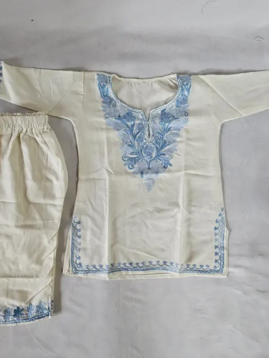 Kids White Aari Work Cotton Kurta Set from Kashmir