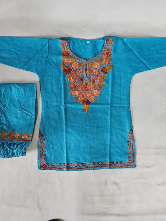 Blue Kashmiri Kids Cotton Aari Work Kurta Set