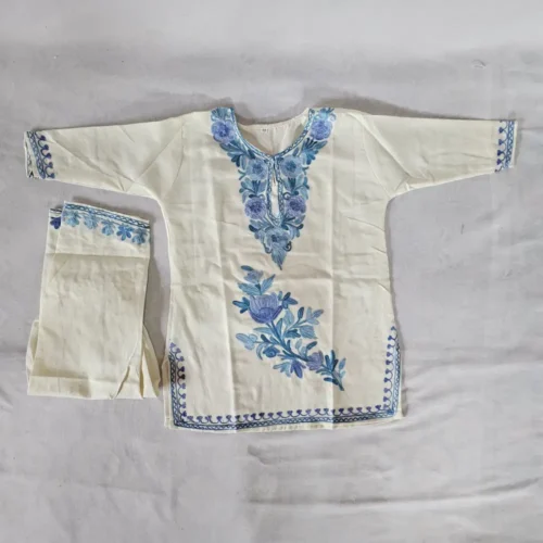 Small Girl White Kurta Set in Cotton with Kashmiri Aari Work