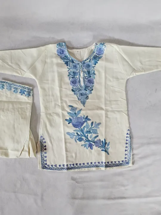 Small Girl White Kurta Set in Cotton with Kashmiri Aari Work