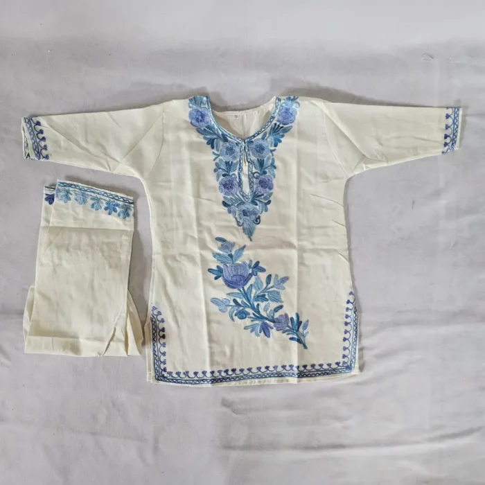 Small Girl White Kurta Set in Cotton with Kashmiri Aari Work