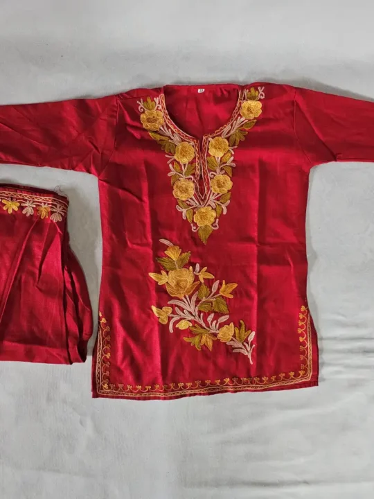 Kashmiri Aari Work Cotton Red Kurta Set for Kids