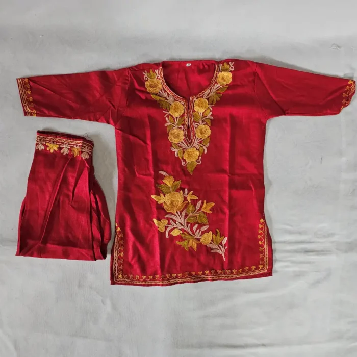 Kashmiri Aari Work Cotton Red Kurta Set for Kids