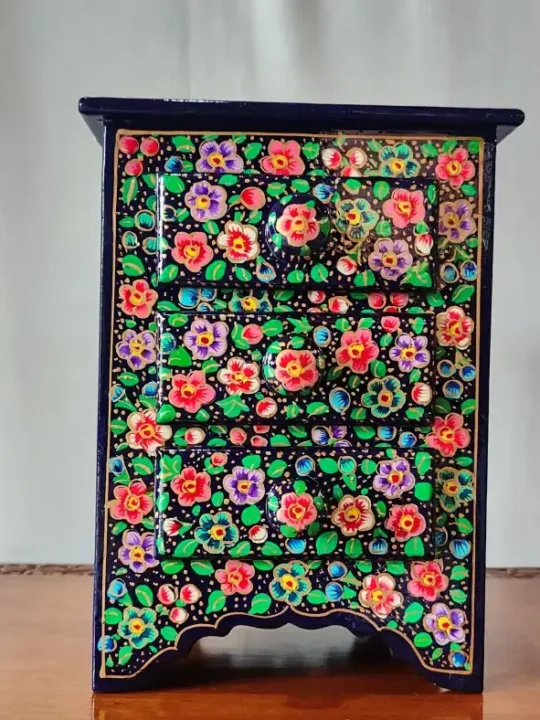 Hand Painted Dark Blue Kashmiri Paper Machie Decorative Drawer Chest