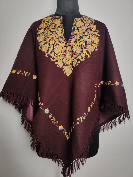 Wine Poncho in Cashmilon with Aari Embroidery