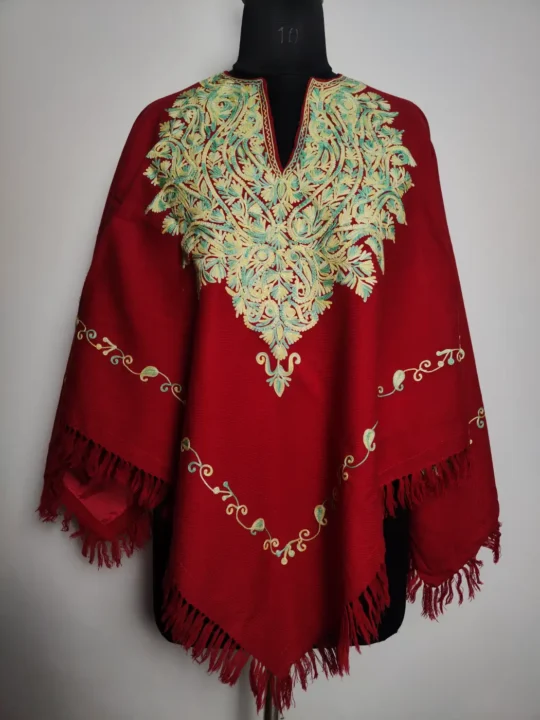 Red Cashmilon Poncho with Aari Embroidery
