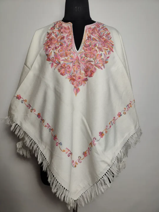 White Cashmilon Poncho with Aari Embroidery