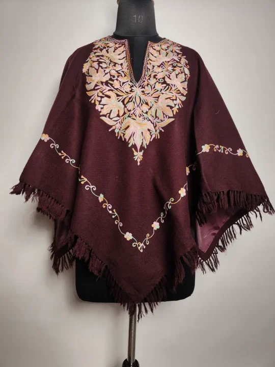 Wine Cashmilon Poncho with Aari Embroidery
