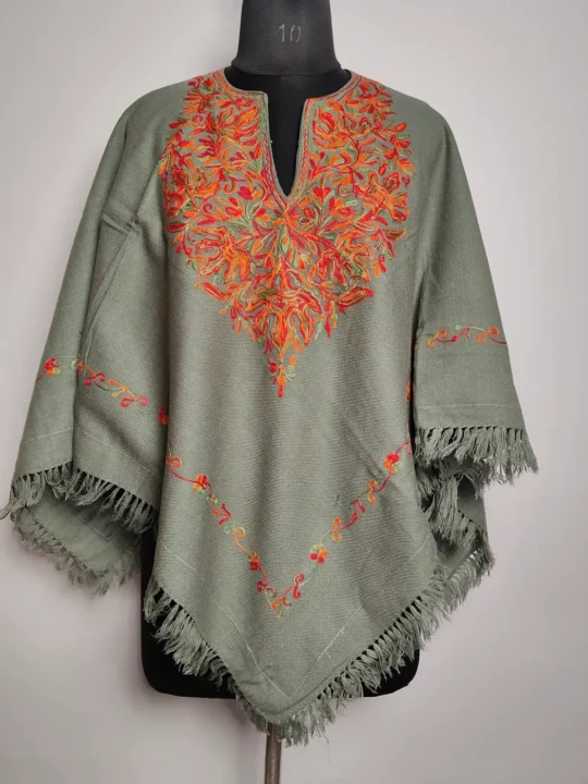 grey Cashmilon Poncho with Aari Embroidery