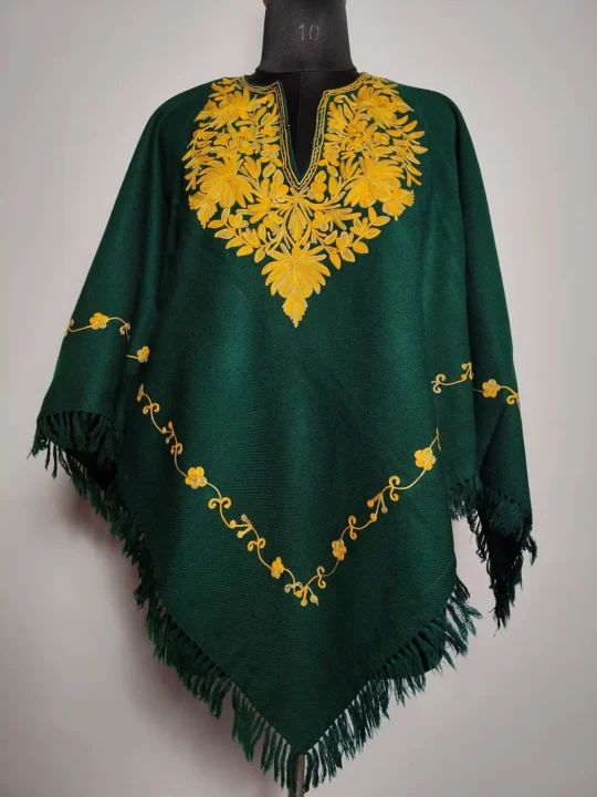 Aari Embroidery Gren Cashmilon Poncho