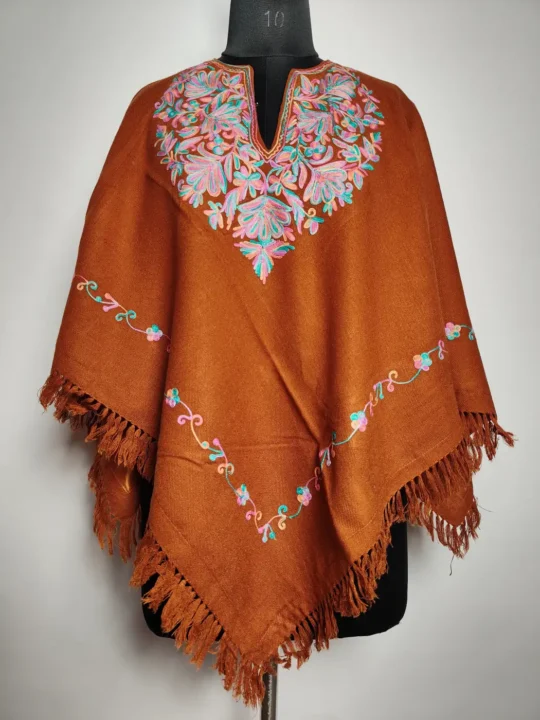 Aari Embroidery rustic orange Cashmilon Poncho