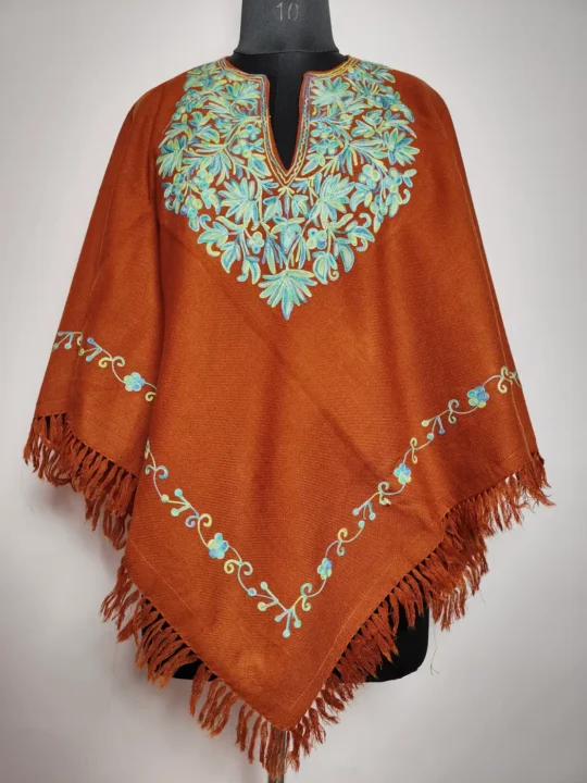 brown Cashmilon aari embroidered poncho