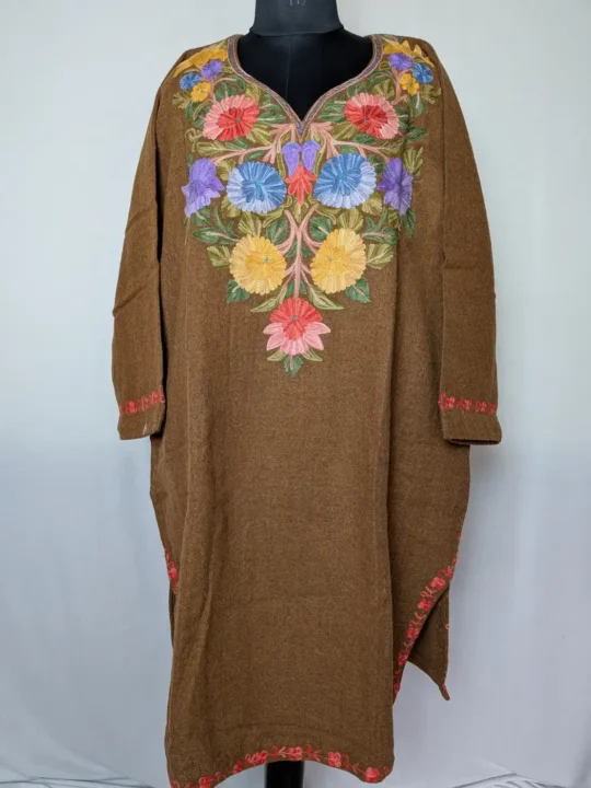 Mehr Original Poshish Tweed Aari Work Brown Pheran from Kashmir | 100% Pure Wool