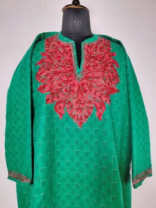 Green Tweed Pheran with Aari Embroidery Work