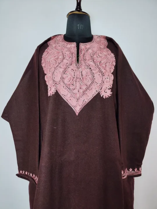 Wine Tweed Women’s Pheran Featuring Aari Work