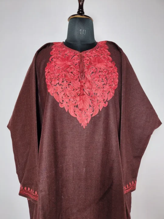 Wine Tweed Women’s Pheran Featuring Aari Work