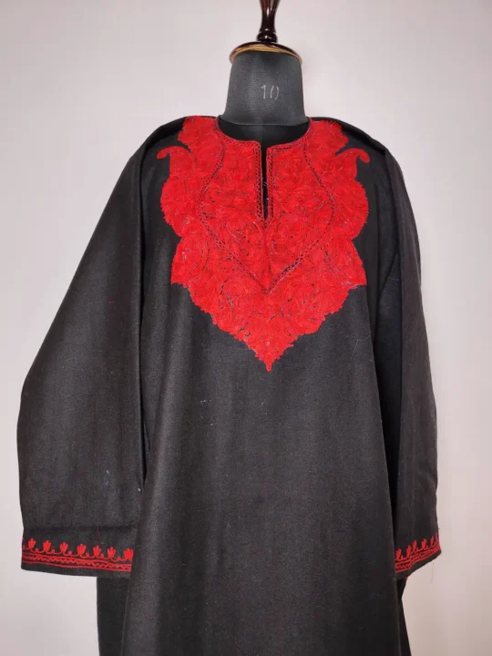 Black Tweed Women’s Pheran Featuring Aari Work
