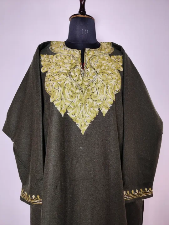 Mehndi Green Tweed Women’s Winter Pheran with Aari Embroidery