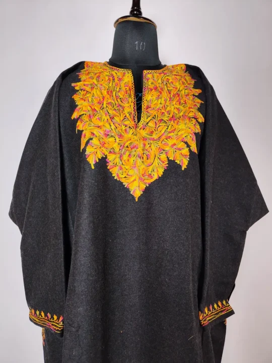 Black Tweed Women’s Winter Pheran with Aari Embroidery