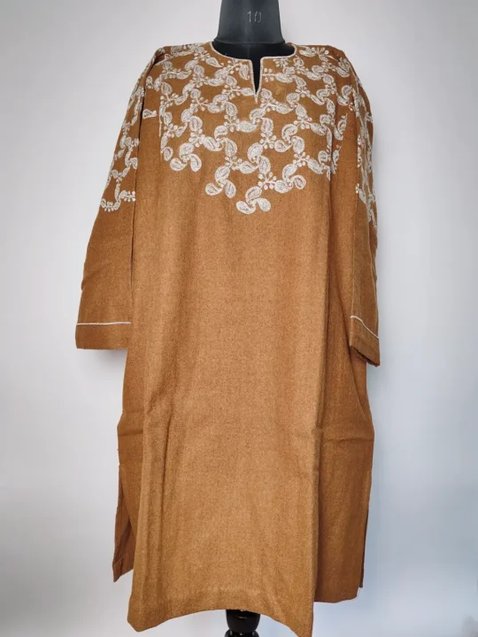 Kashmiri Poshish Tweed Tilla Work Brown Pheran
