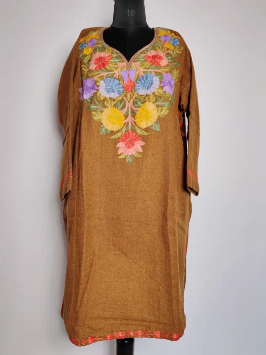 Mehr Poshish Bush Brown Tweed Aari Work Pheran from Kashmir