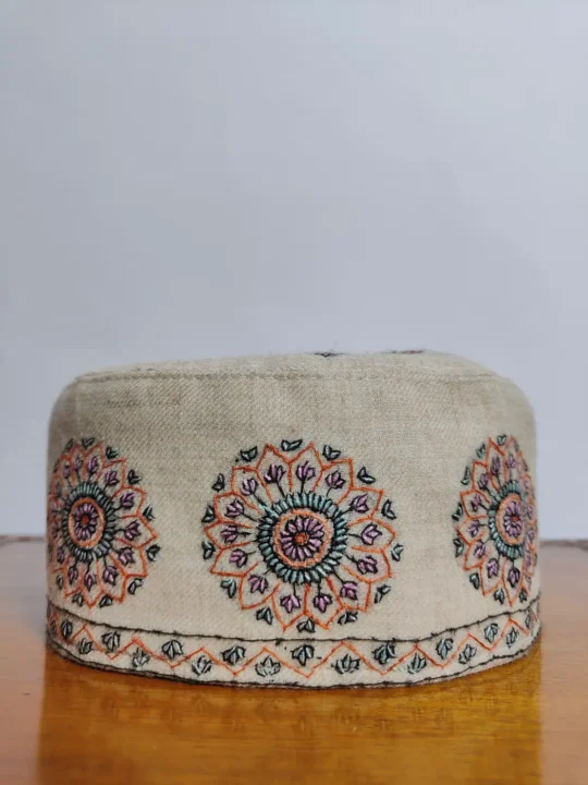 Haji Qadiri Kashmiri Cream Premium Pashmina Hand Sozni Work Cap