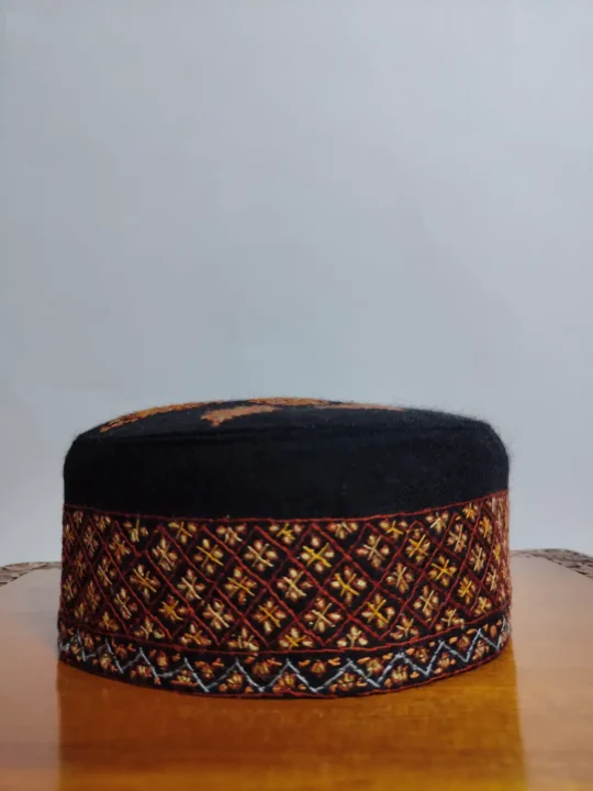 Kashmiri Black Premium Pure Pashmina Sufi Rahmani Hand Sozni Cap
