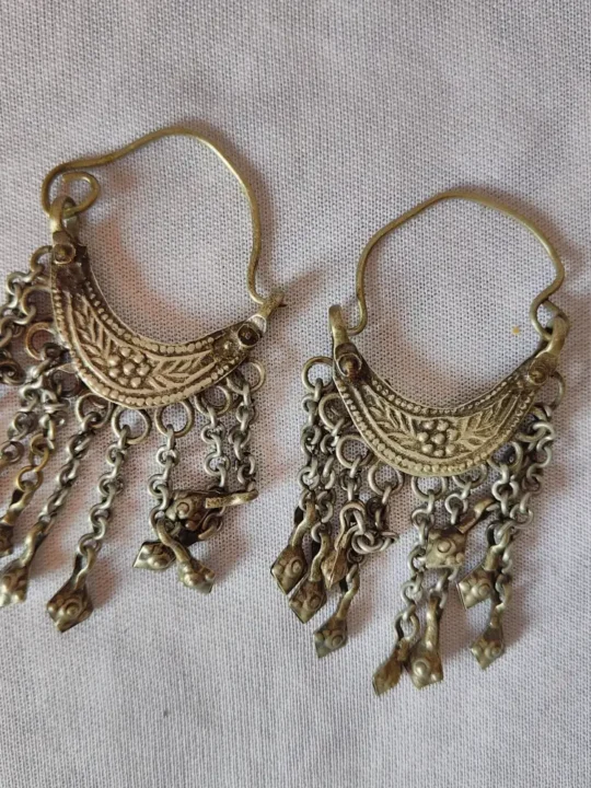 Kashmiri Traditional Earrings in Silver Vintage with Unique Crescent Engravings
