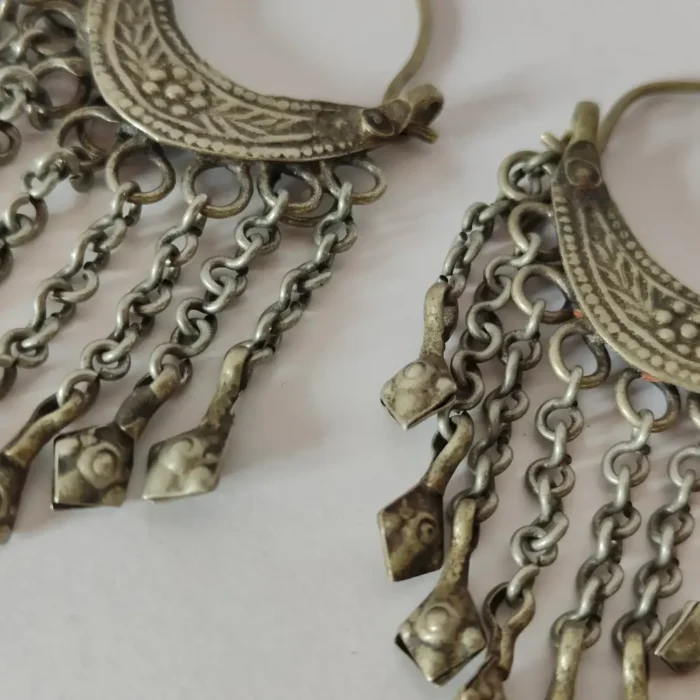 Kashmiri Traditional Earrings in Silver Vintage with Unique Crescent Engravings - Image 3