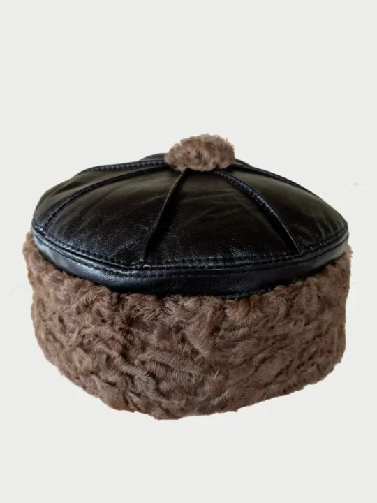 Brown Round Karakul Cap with Pure Leather Top | Six Panel Design