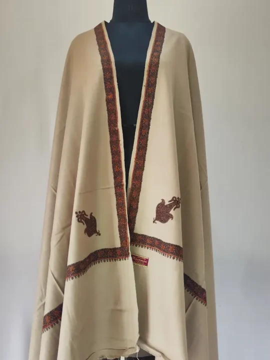 Beige Sozni Embroidered Cashmilon Shawl in Wool for Men