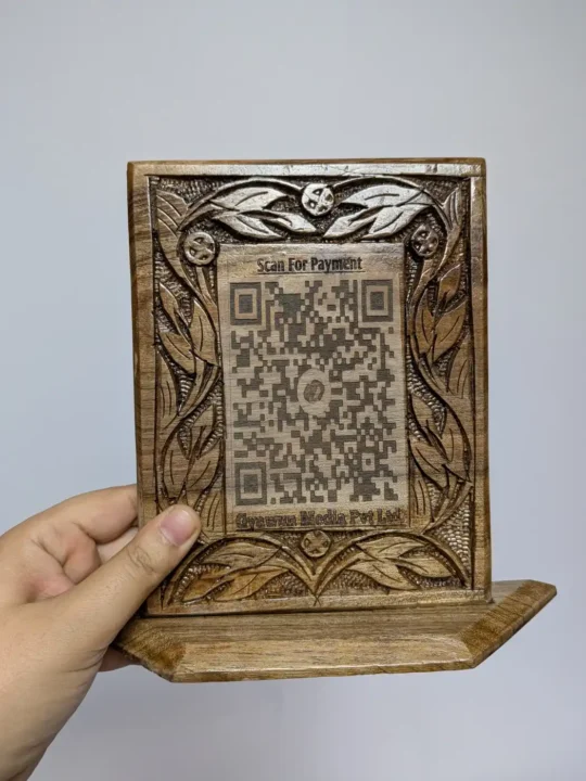 Personalized Wooden Payment QR Code Stand |Hand Carved in Kashmiri Walnut Wood