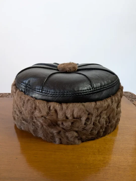 Brown Round Karakul Cap with Pure Leather Top | Six Panel Design