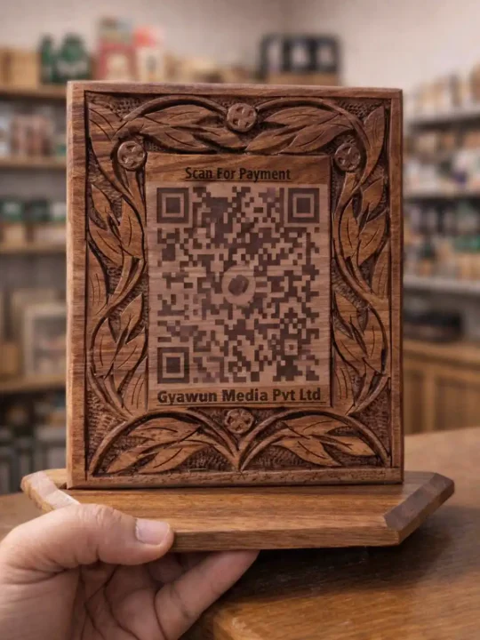 Personalized Wooden Payment QR Code Stand | Hand Carved in Kashmiri Walnut Wood