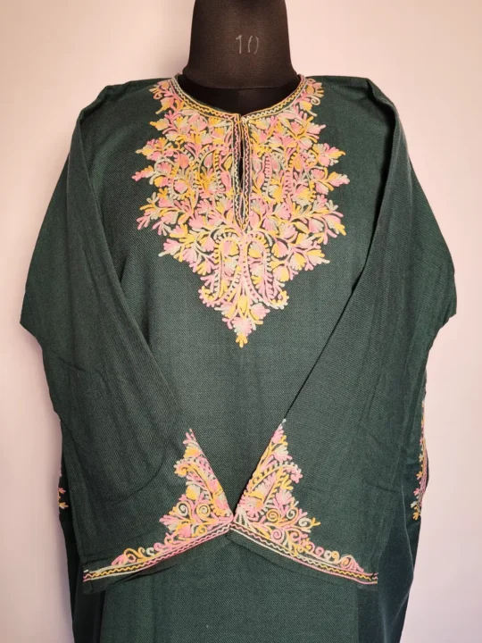 Dark Grey Mehr Cashmilon Fancy Sleeve Pheran with Aari Embroidery