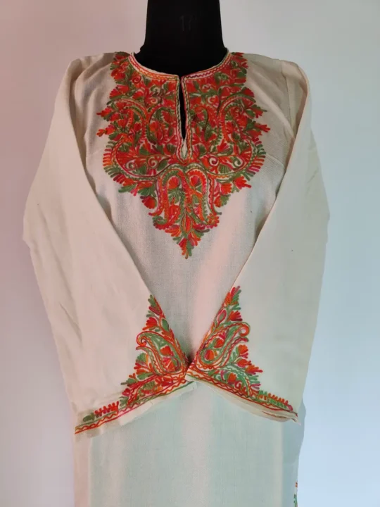 Roohi White Fancy Sleeve Pheran in Cashmilon with Aari Work
