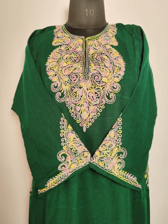 Dark Green Aari Embroidered Cashmilon Pheran with Fancy Sleeves